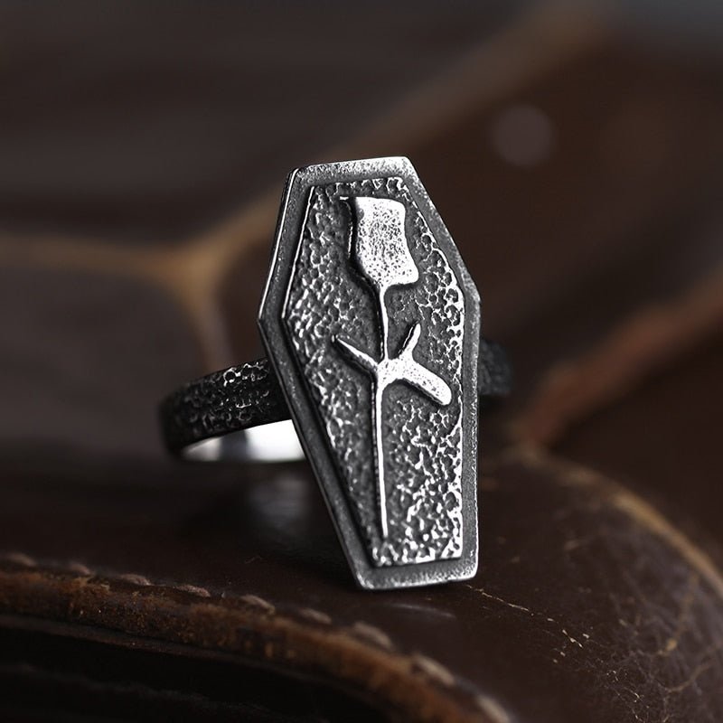 Antique Skull & Rose Coffin Ring - Chrome Cult