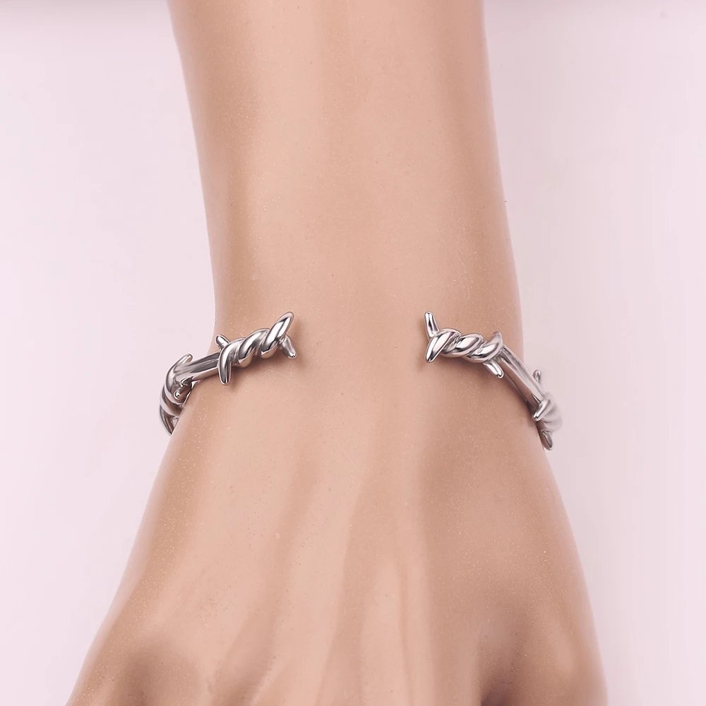 Barbed Wire Open Cuff Bracelet - Chrome Cult