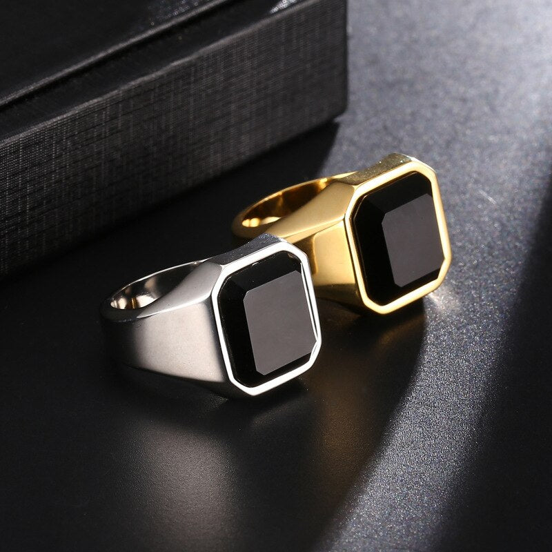 Black Crystal Stone Signet Ring - Chrome Cult