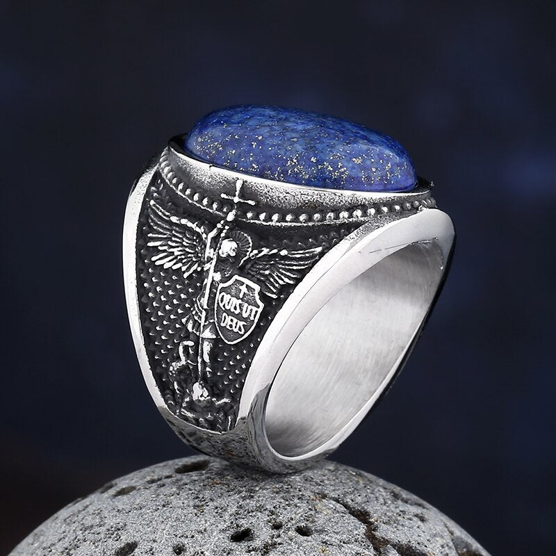 Blue Stone Archangel Gabriel Shield Ring - Chrome Cult