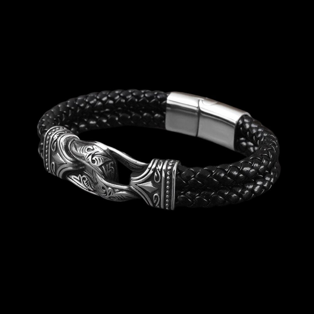 Carved Viking Leather Bracelet - Chrome Cult