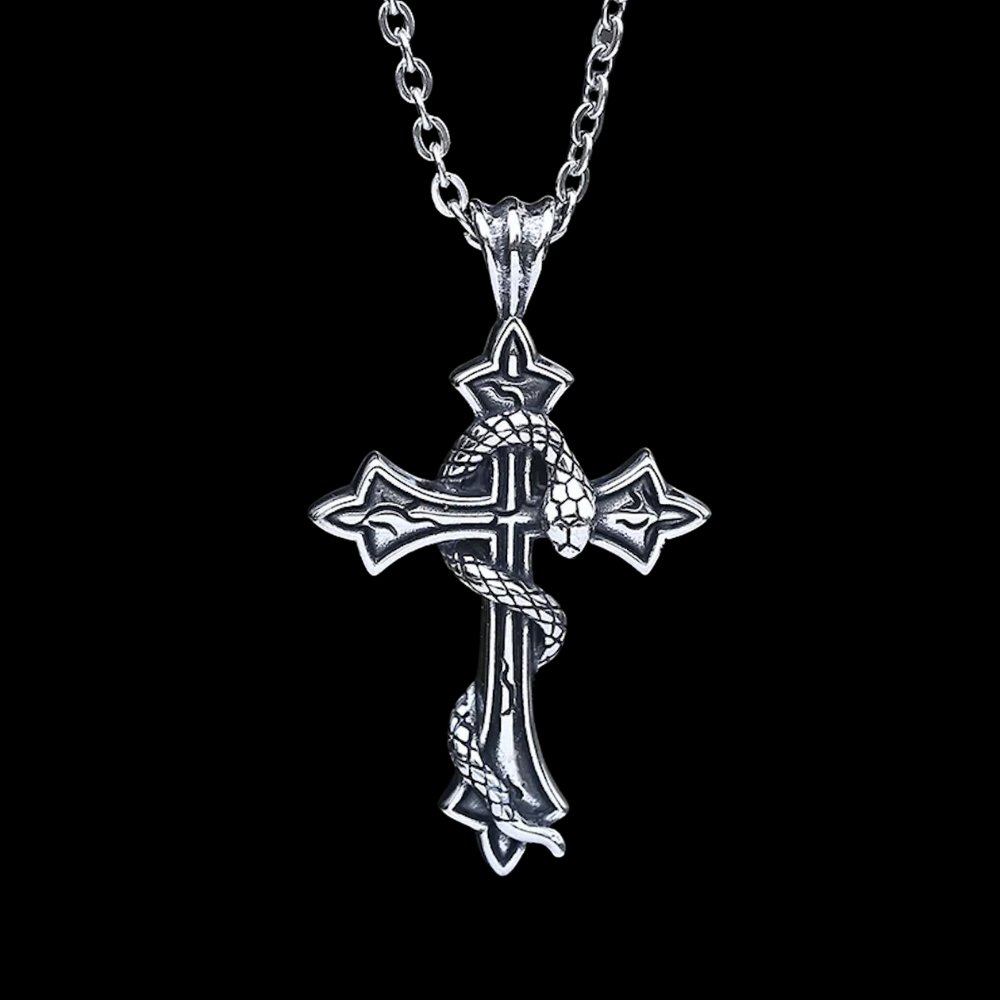 Cross Serpent Pendant | Stainless Steel Gothic Jewelry | Chrome Cult
