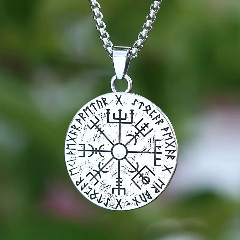 Double Sided Helm Of Awe and Vegvisir Pendant - Chrome Cult