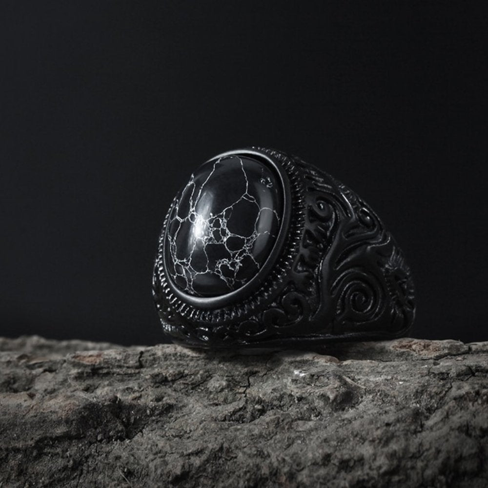 Gothic Black Marble Gemstone Ring - Chrome Cult