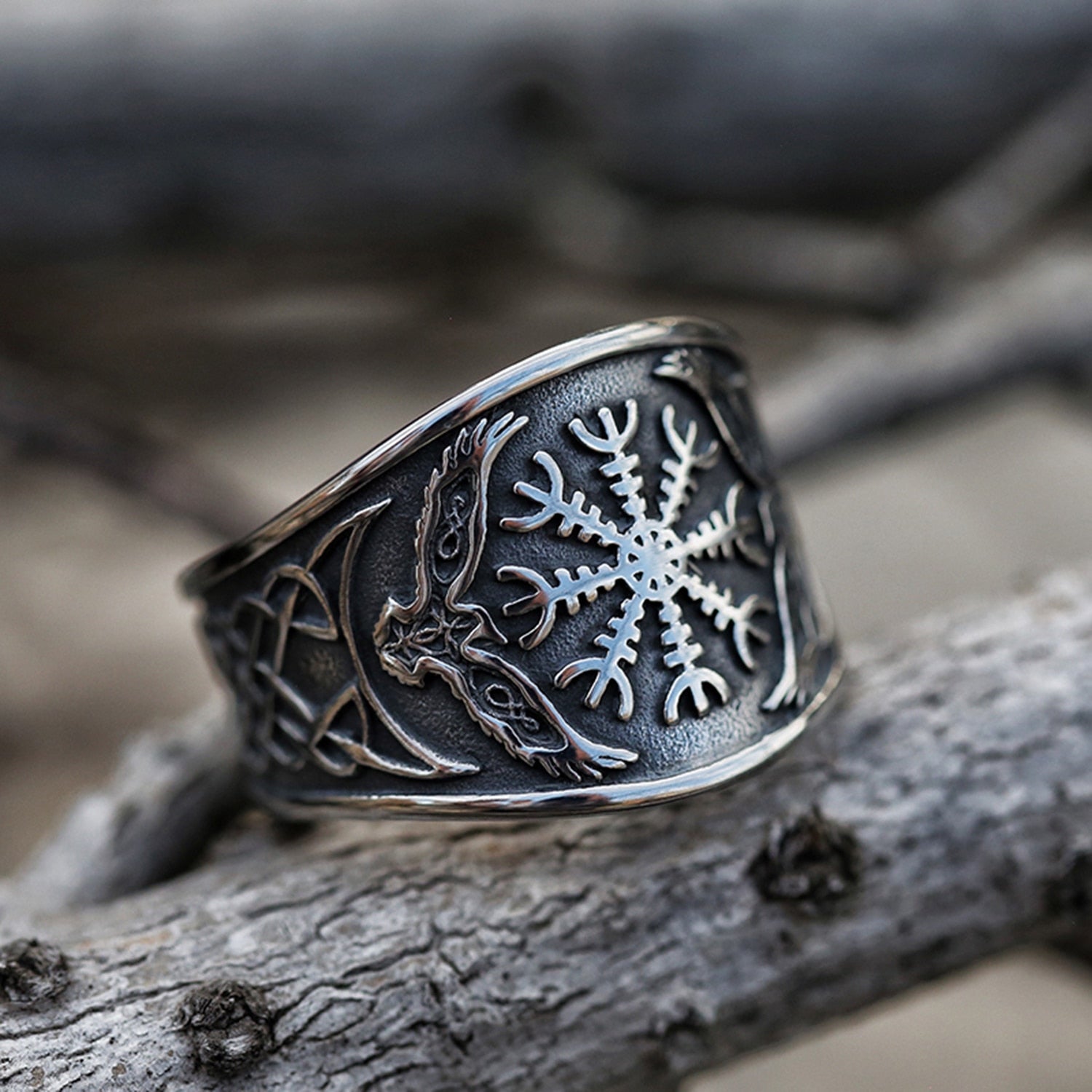 Helm Of Awe Raven Ring - Chrome Cult