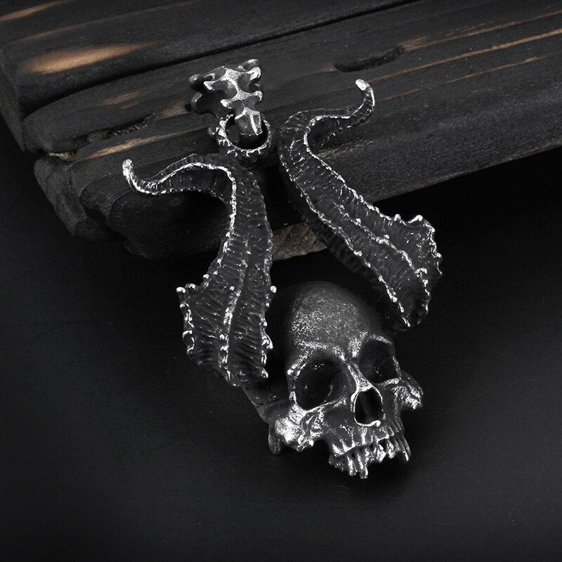 Horned Satan Devil Skull Pendant - Chrome Cult