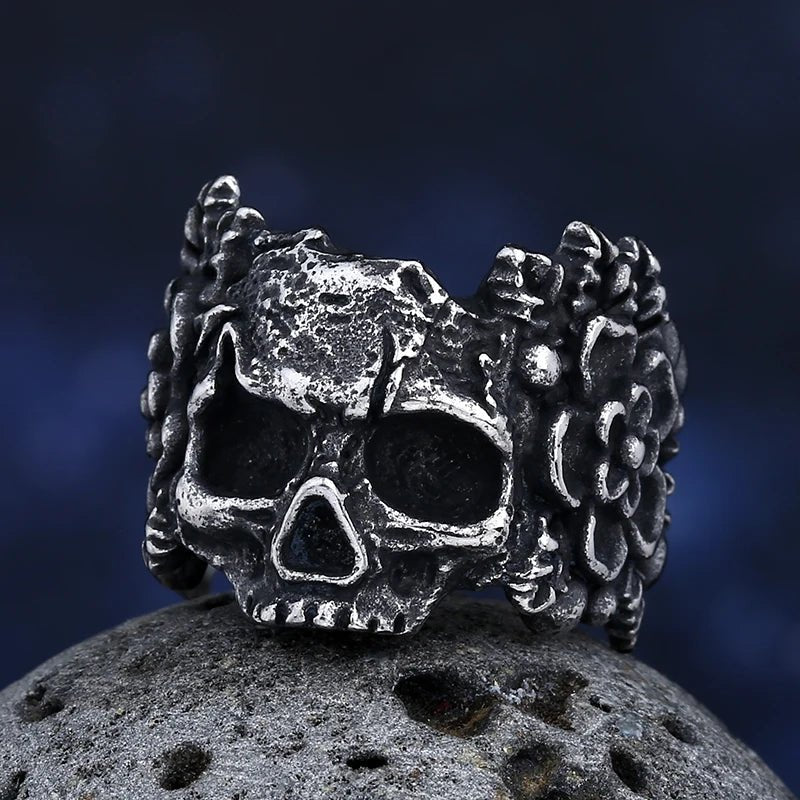 La Calavera Catrina Skull Floral Ring - Chrome Cult