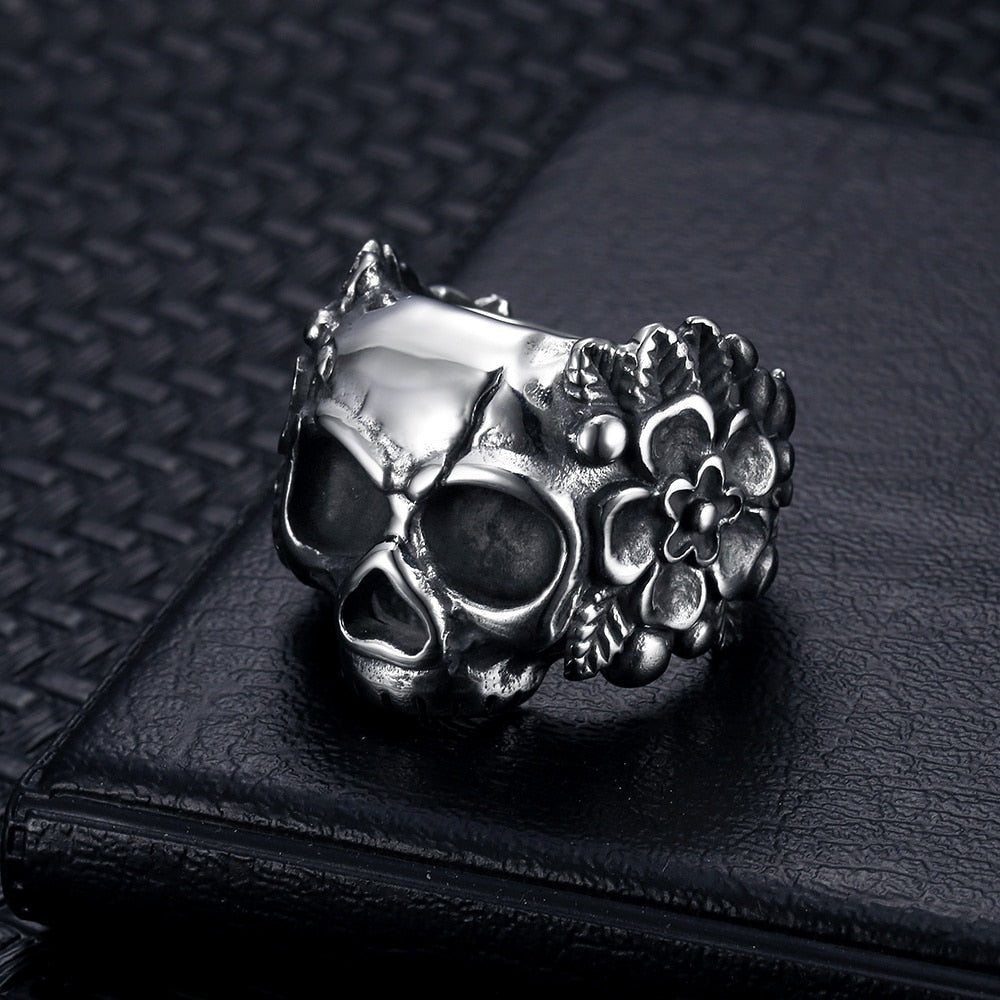 Santa Muerte Flower Skull Ring - Chrome Cult