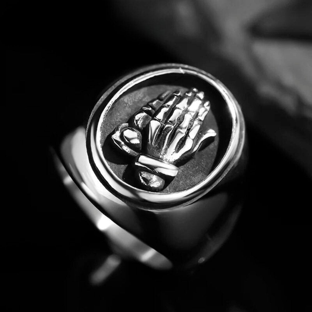 Skeleton Hands Of Prayer Ring - Chrome Cult