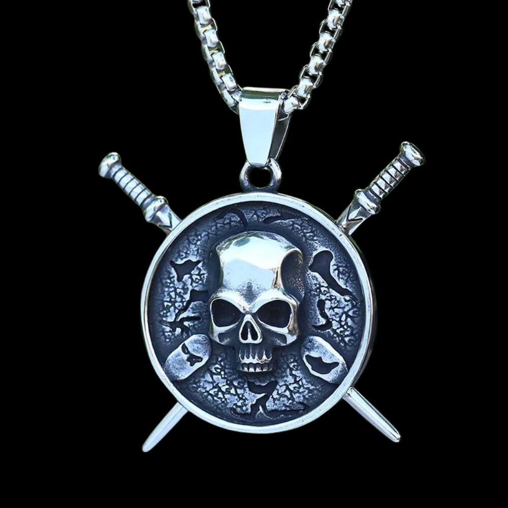 Skull Crossed Sword Shield Pendant - Chrome Cult