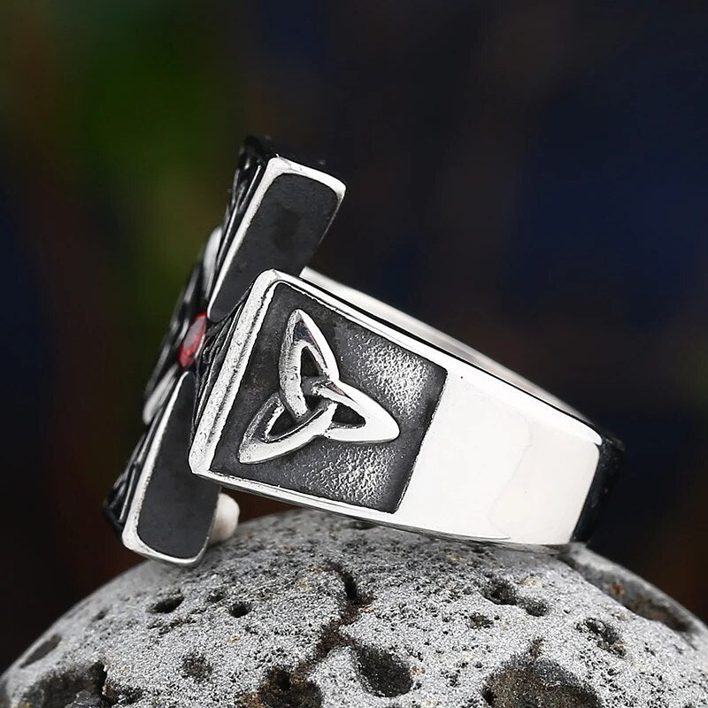 Stone Triquetra Cross Ring - Chrome Cult