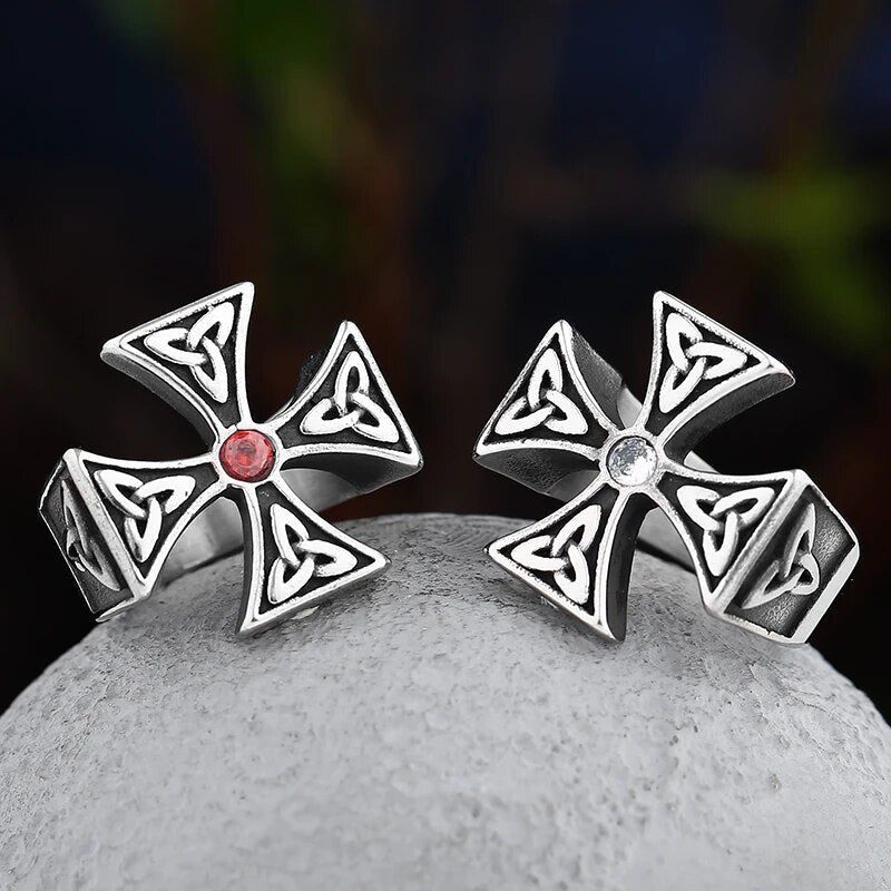 Stone Triquetra Cross Ring - Chrome Cult