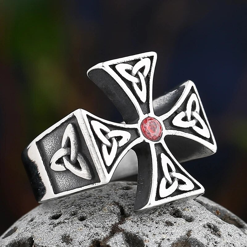 Stone Triquetra Cross Ring - Chrome Cult