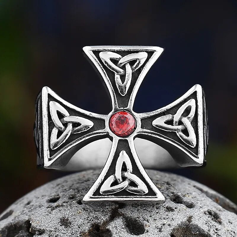 Stone Triquetra Cross Ring - Chrome Cult