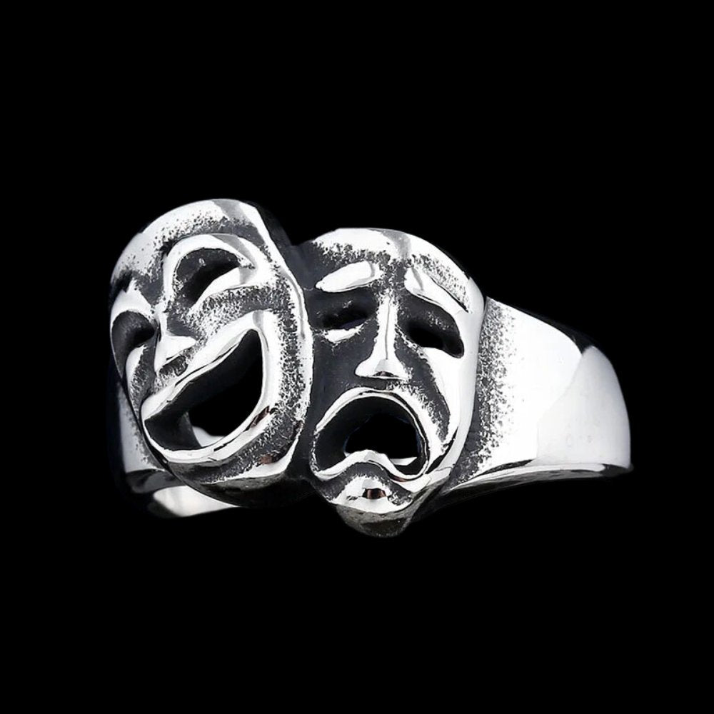 Thalia and Melpomene Mask Ring | Stainless Steel Gothic Jewelry