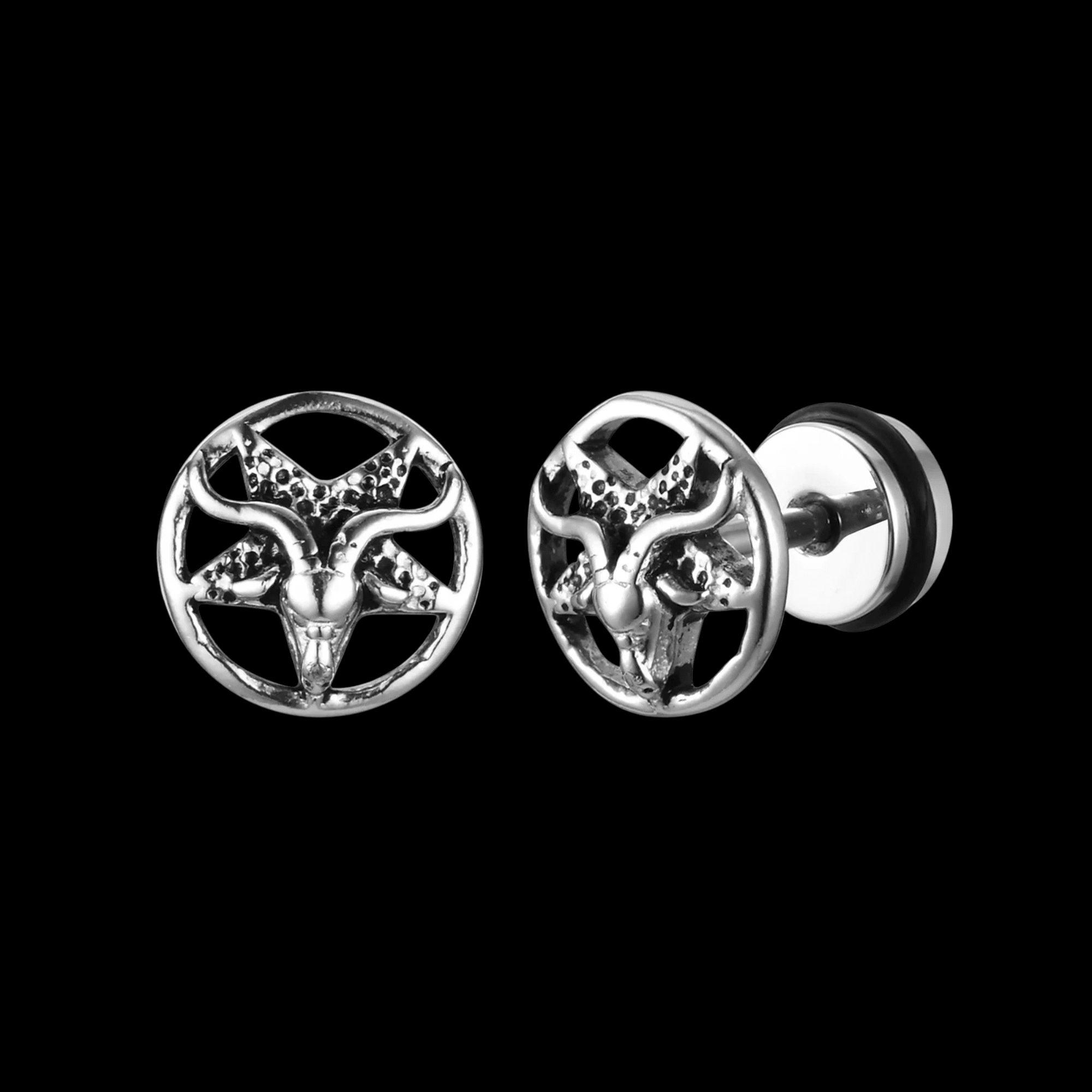 Baphomet Pentagram Stud Earrings – 316L Stainless Steel Gothic Jewelry by Chrome Cult