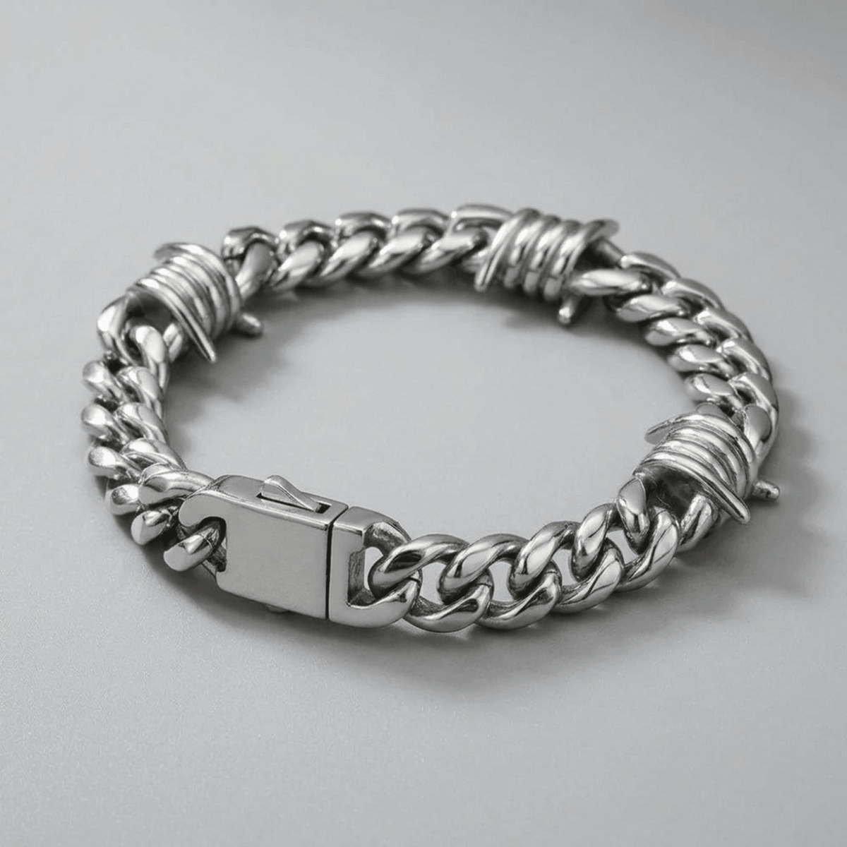 Barbed Wire Cuban Bracelet – Stainless Steel Gothic Punk Biker Alternative Jewelry by Chrome Cult