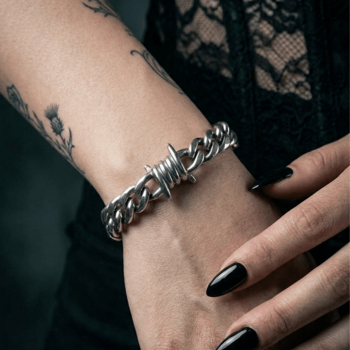 Barbed Wire Cuban Bracelet – Stainless Steel Gothic Punk Biker Alternative Jewelry by Chrome Cult