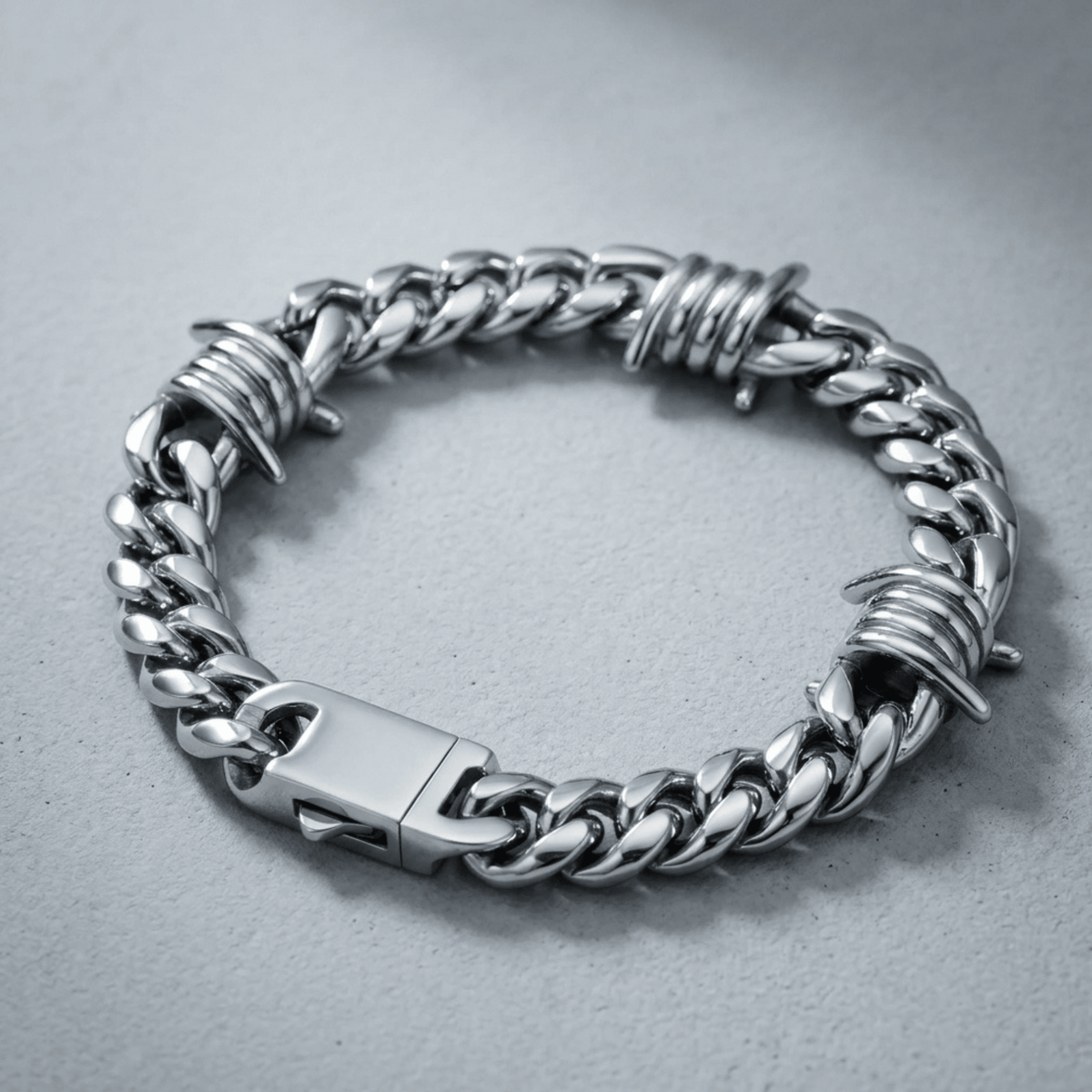 Barbed Wire Cuban Bracelet – Stainless Steel Gothic Punk Biker Alternative Jewelry by Chrome Cult
