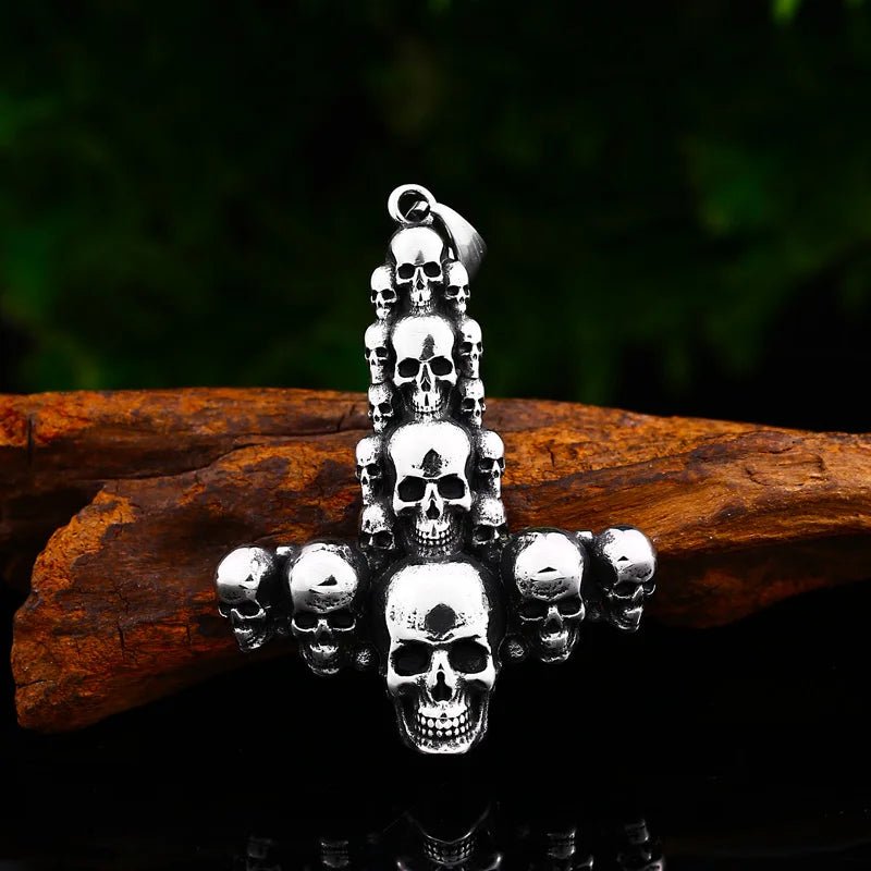 Catacomb Skulls Inverted Cross Pendant – 316L Stainless Steel Gothic Jewelry by Chrome Cult