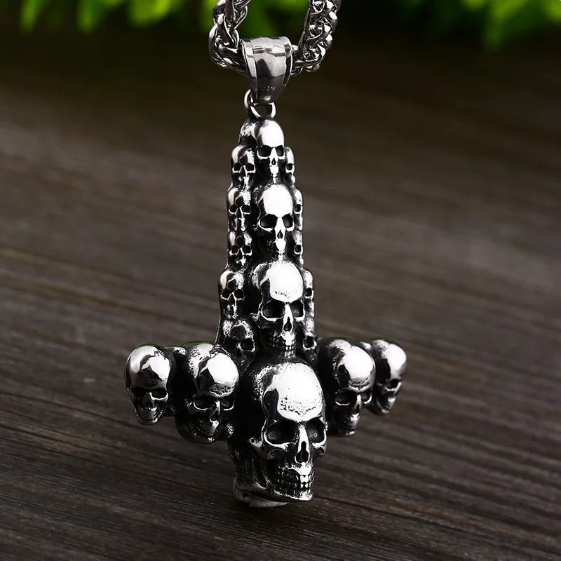Catacomb Skulls Inverted Cross Pendant – 316L Stainless Steel Gothic Jewelry by Chrome Cult
