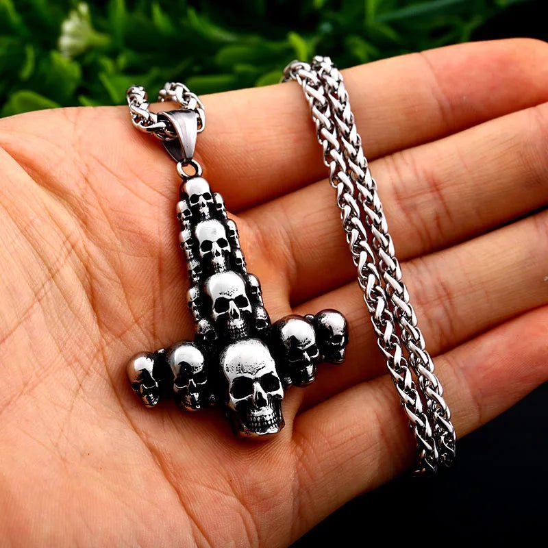 Catacomb Skulls Inverted Cross Pendant – 316L Stainless Steel Gothic Jewelry by Chrome Cult