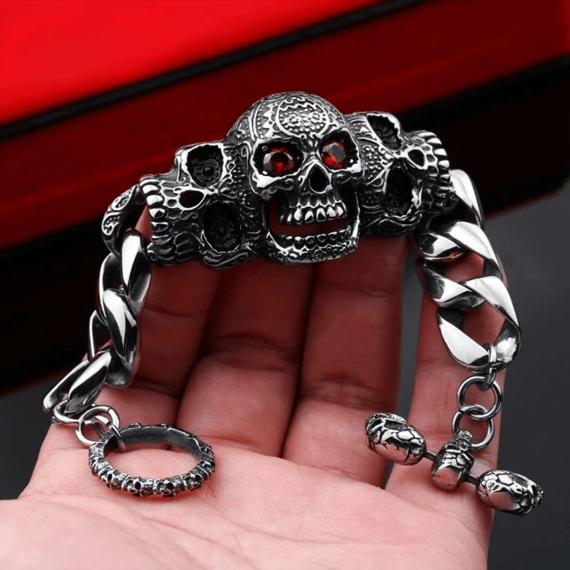 Crimson Eye Skull Bracelet – 316L Stainless Steel Gothic Jewelry by Chrome Cult