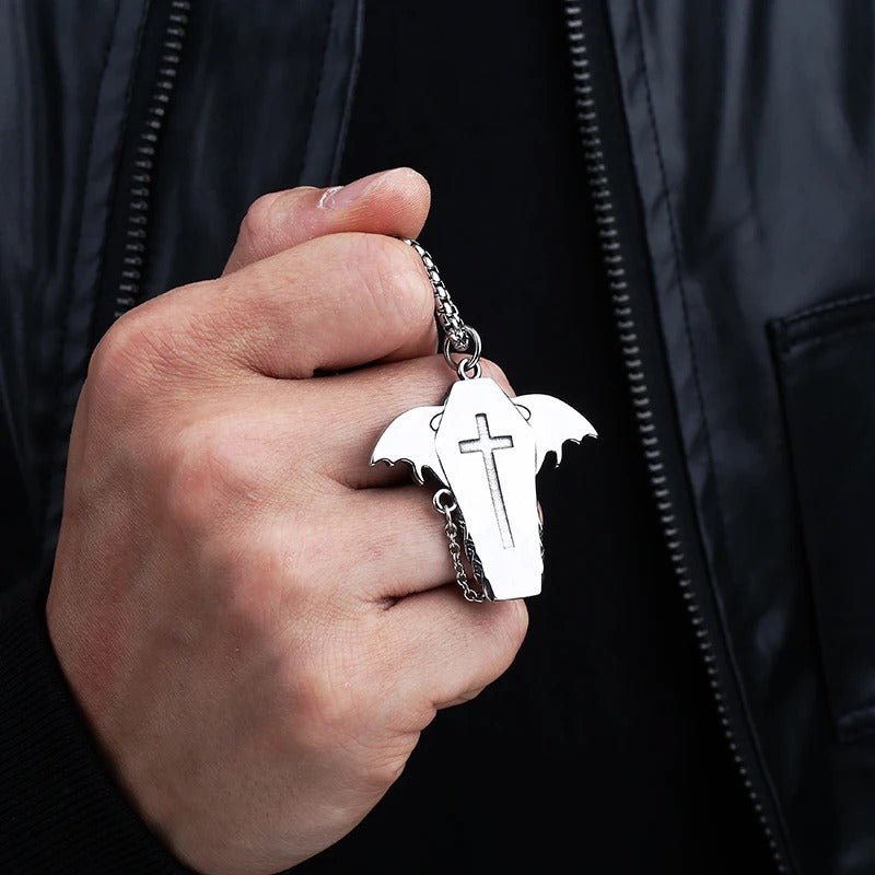 Gothic Coffin Bat Wings Pendant – Stainless Steel Gothic Punk Biker Alternative Jewelry by Chrome Cult