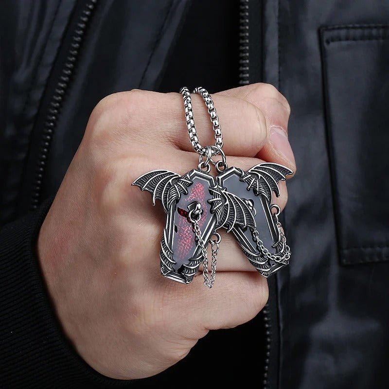 Gothic Coffin Bat Wings Pendant – Stainless Steel Gothic Punk Biker Alternative Jewelry by Chrome Cult