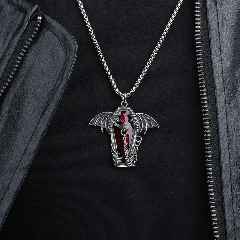 Gothic Coffin Bat Wings Pendant – Stainless Steel Gothic Punk Biker Alternative Jewelry by Chrome Cult