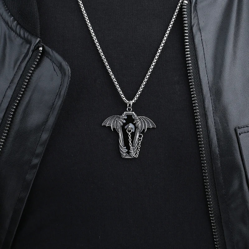 Gothic Coffin Bat Wings Pendant – Stainless Steel Gothic Punk Biker Alternative Jewelry by Chrome Cult