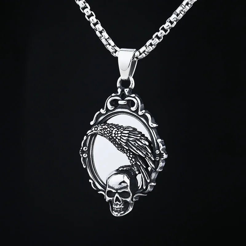 Gothic Raven Skull Mirror Pendant – Stainless Steel Gothic Punk Biker Alternative Jewelry by Chrome Cult