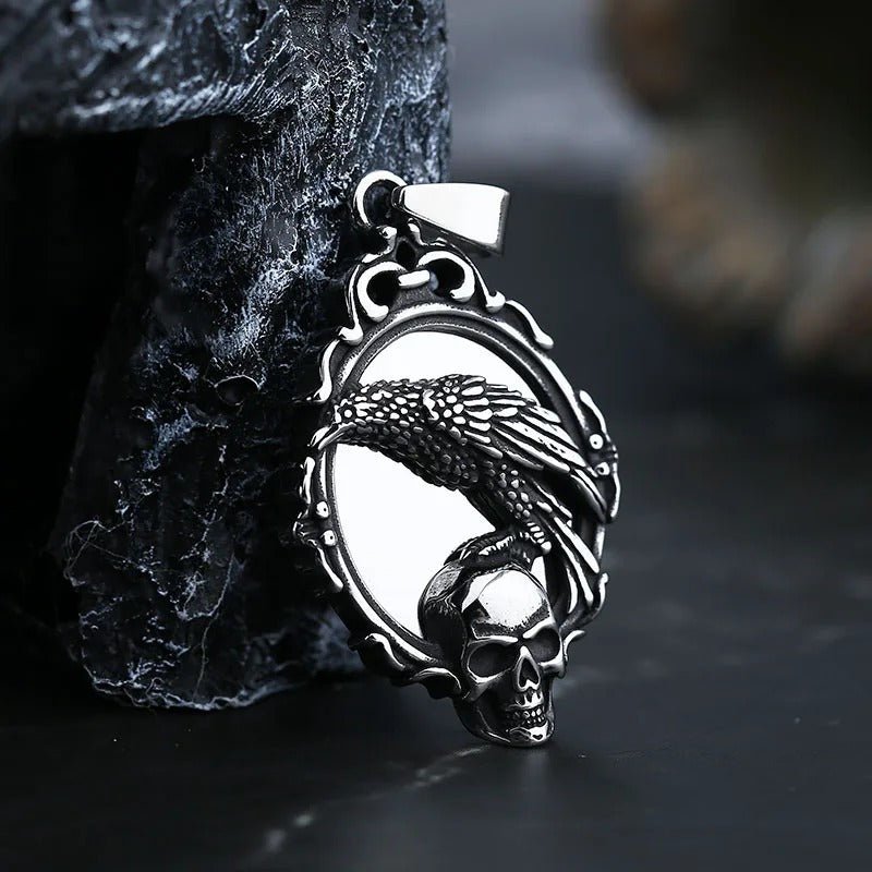 Gothic Raven Skull Mirror Pendant – Stainless Steel Gothic Punk Biker Alternative Jewelry by Chrome Cult
