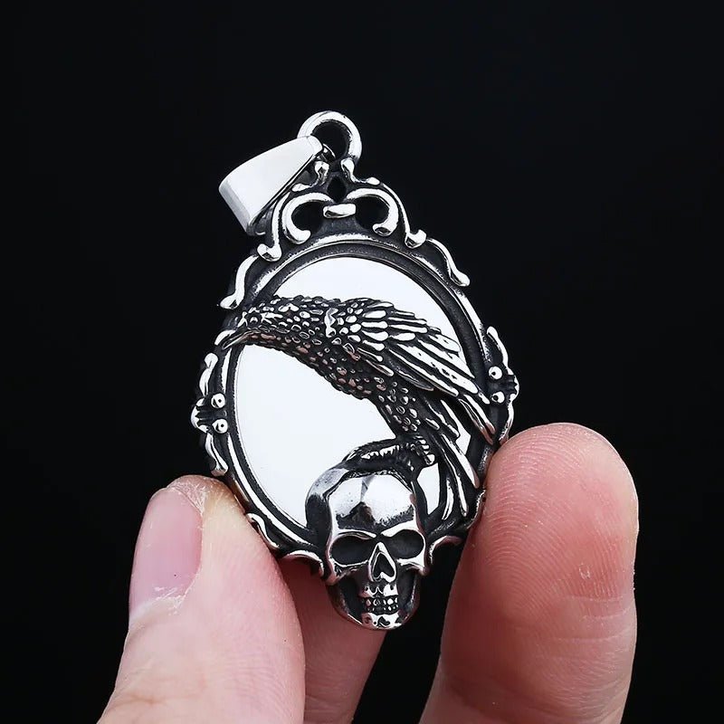 Gothic Raven Skull Mirror Pendant – Stainless Steel Gothic Punk Biker Alternative Jewelry by Chrome Cult