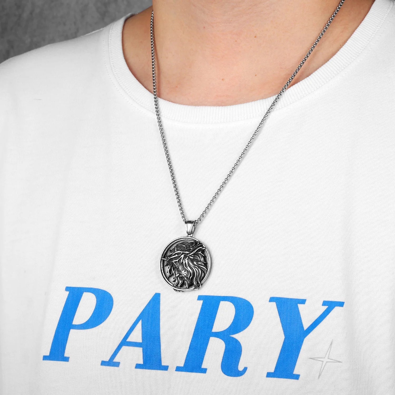 Jesus Crown of Thorns Medallion Pendant – 316L Stainless Steel Gothic Jewelry by Chrome Cult