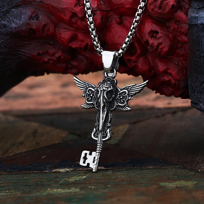 Key of the Black Crow Pendant – 316L Stainless Steel Gothic Jewelry by Chrome Cult