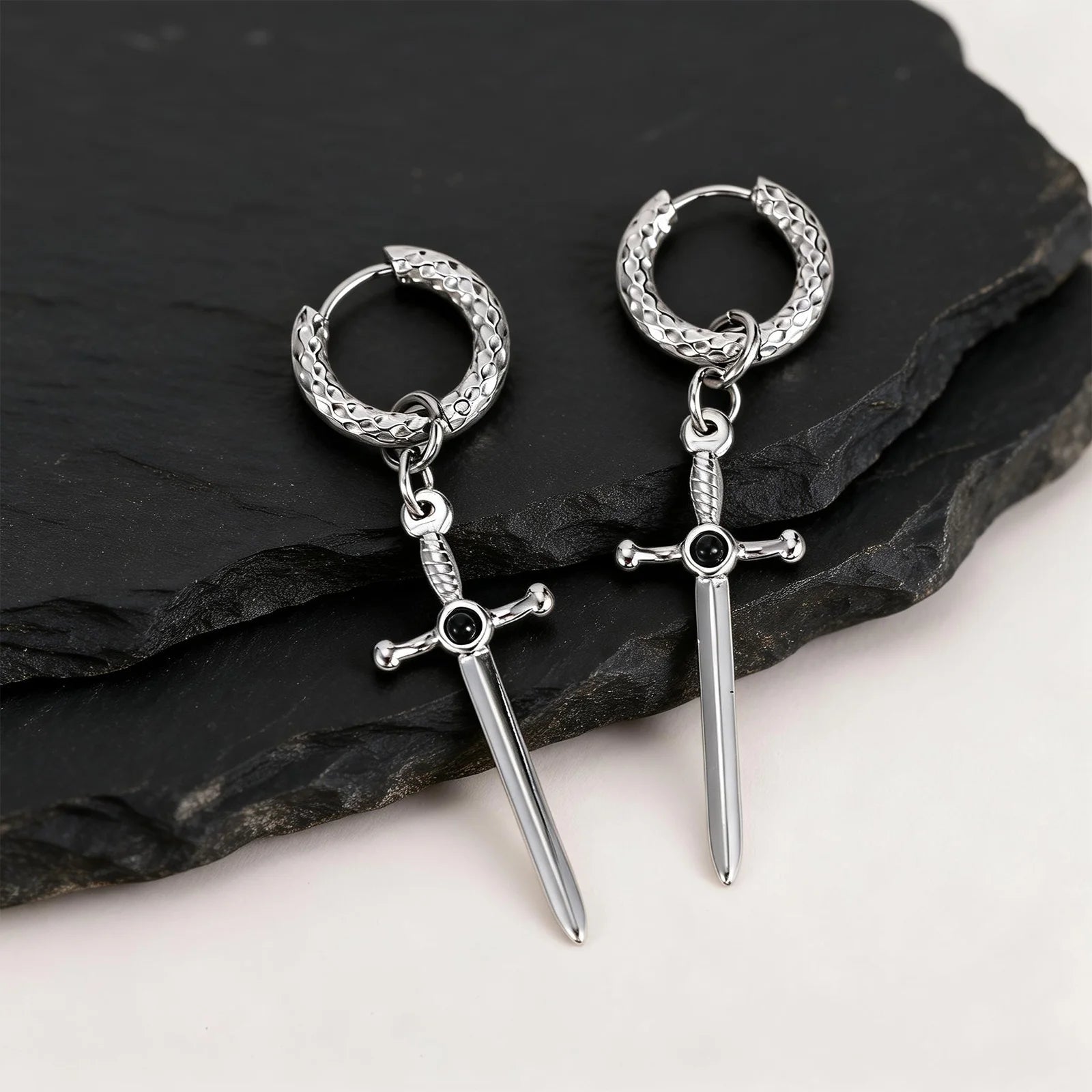 Onyx Ritual Sword Earrings – 316L Stainless Steel Gothic Jewelry by Chrome Cult