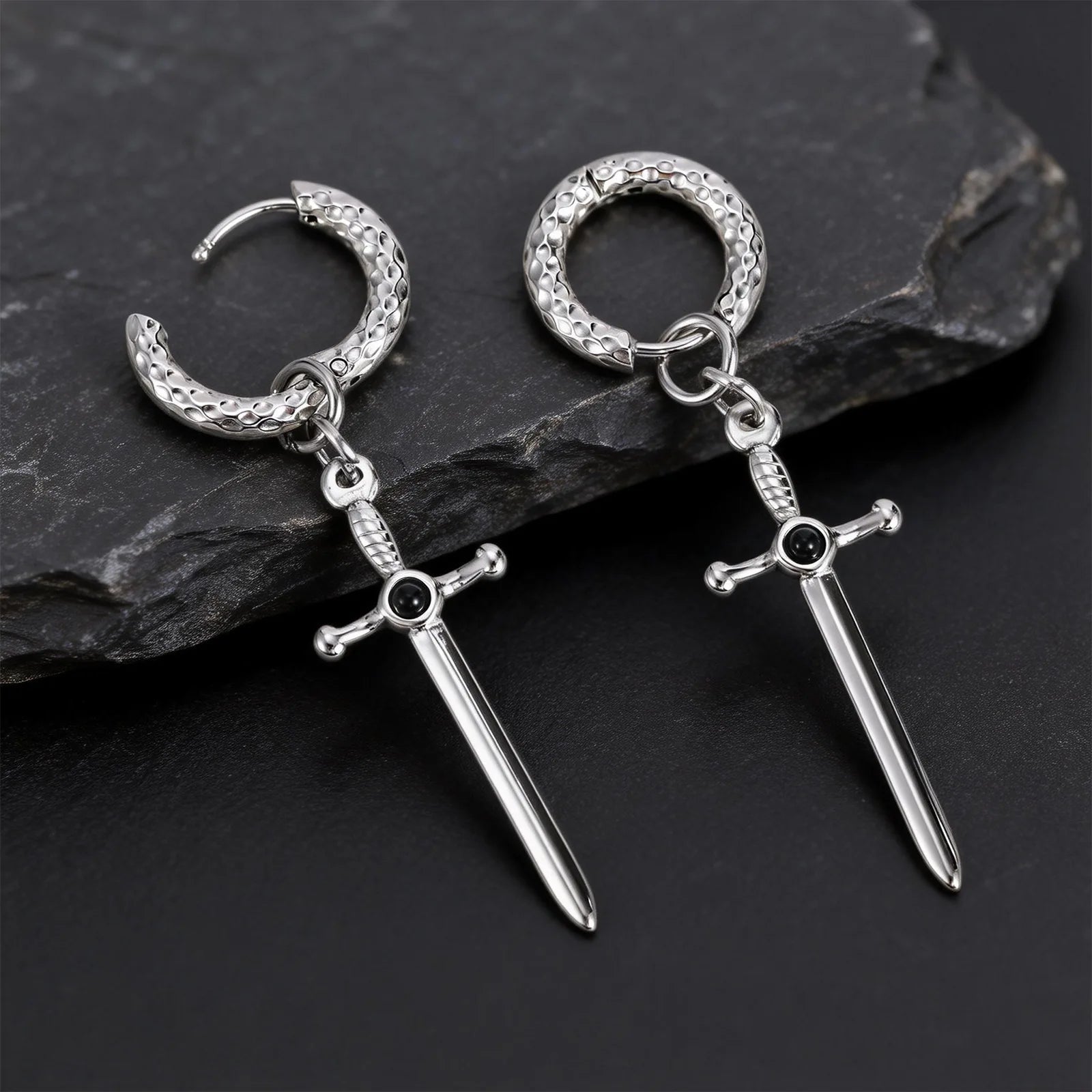 Onyx Ritual Sword Earrings – 316L Stainless Steel Gothic Jewelry by Chrome Cult
