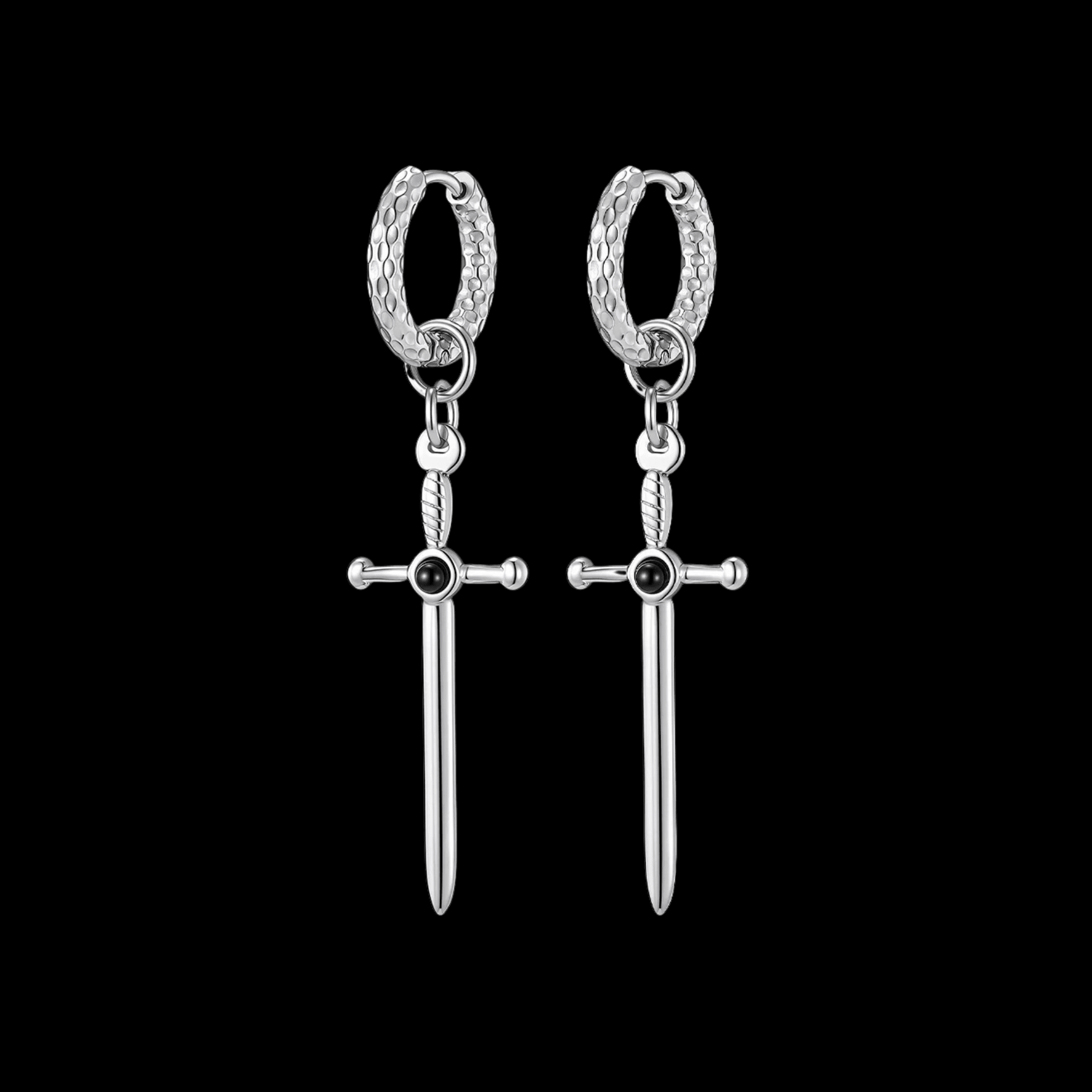 Onyx Ritual Sword Earrings – 316L Stainless Steel Gothic Jewelry by Chrome Cult