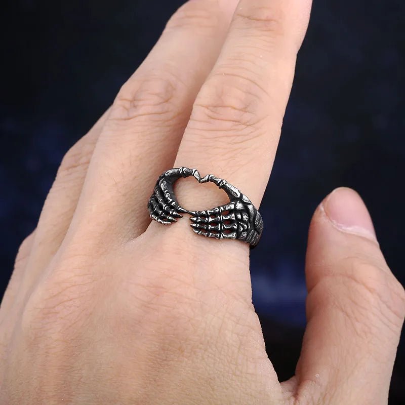 Skeleton Hands Heart Ring - Chrome Cult