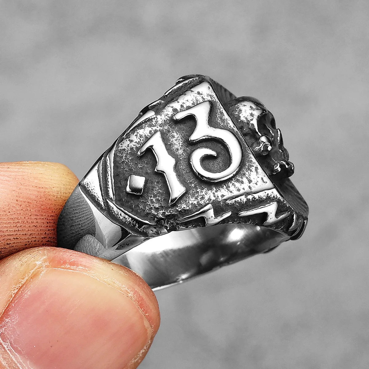 Unlucky 13 Skull Signet Ring – 316L Stainless Steel Gothic Jewelry by Chrome Cult