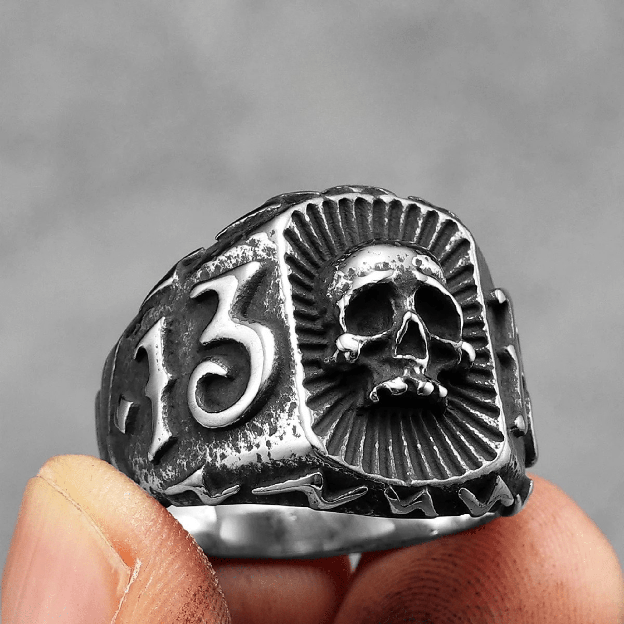 Unlucky 13 Skull Signet Ring – 316L Stainless Steel Gothic Jewelry by Chrome Cult