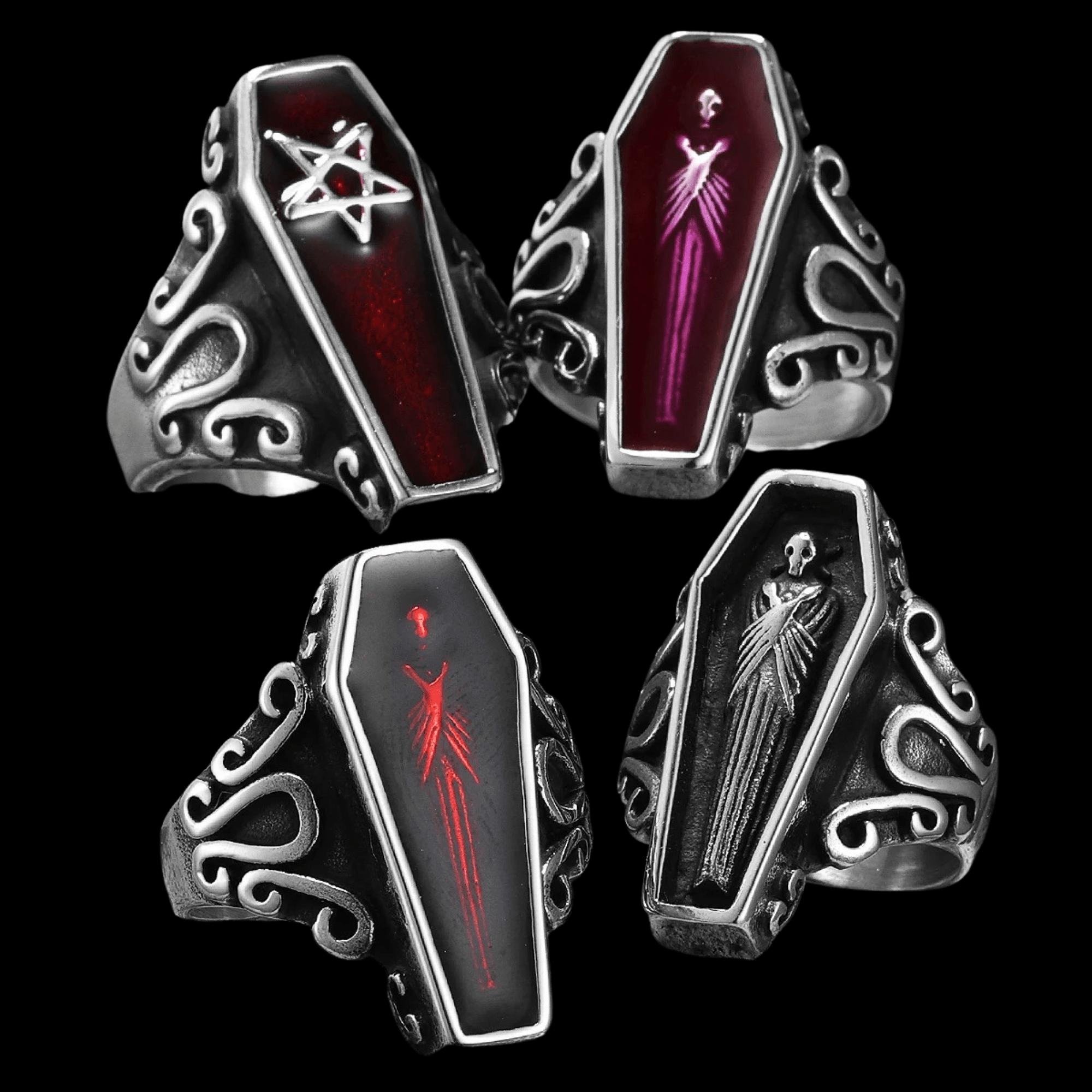 Goth Vampire Coffin Ring – 925 Sterling Silver Red Thorn Design, Adjustable Sizes 6-10