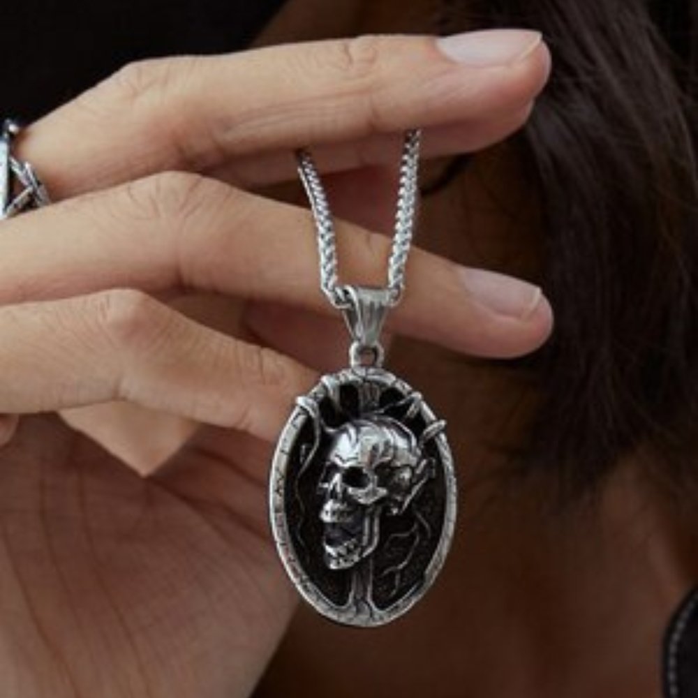 3D Grave Skull Cross Oval Pendant