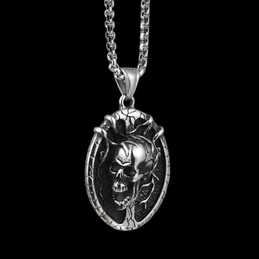 3D Grave Skull Cross Oval Pendant - Chrome Cult