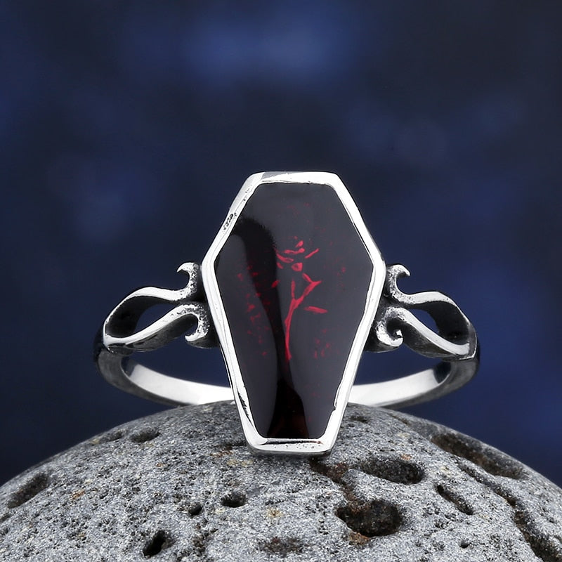 Red Epoxy Flower Coffin Ring