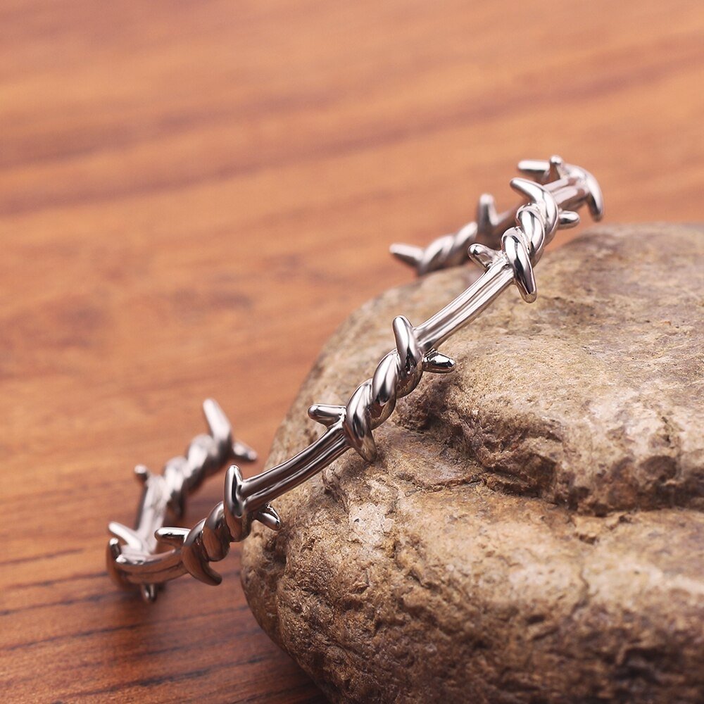 Barbed Wire Open Cuff Bracelet - Chrome Cult
