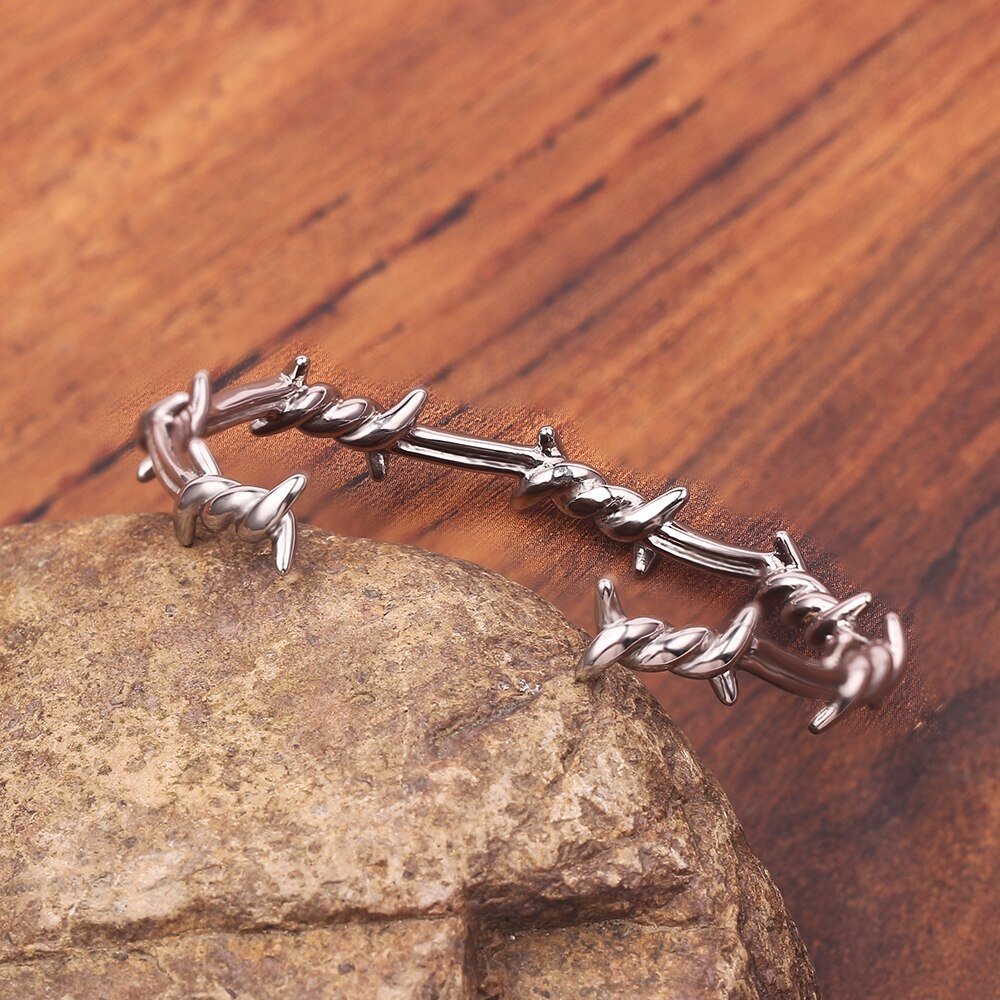 Barbed Wire Open Cuff Bracelet - Chrome Cult