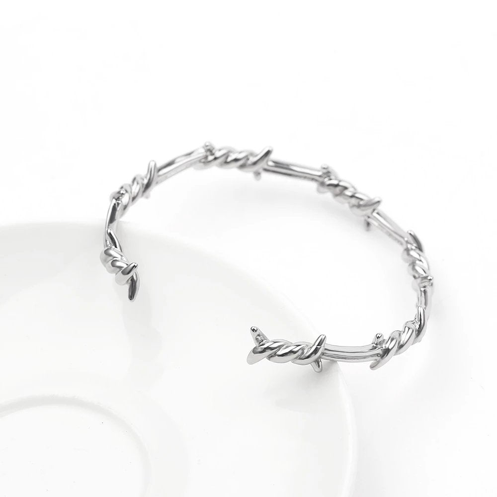 Barbed Wire Open Cuff Bracelet - Chrome Cult