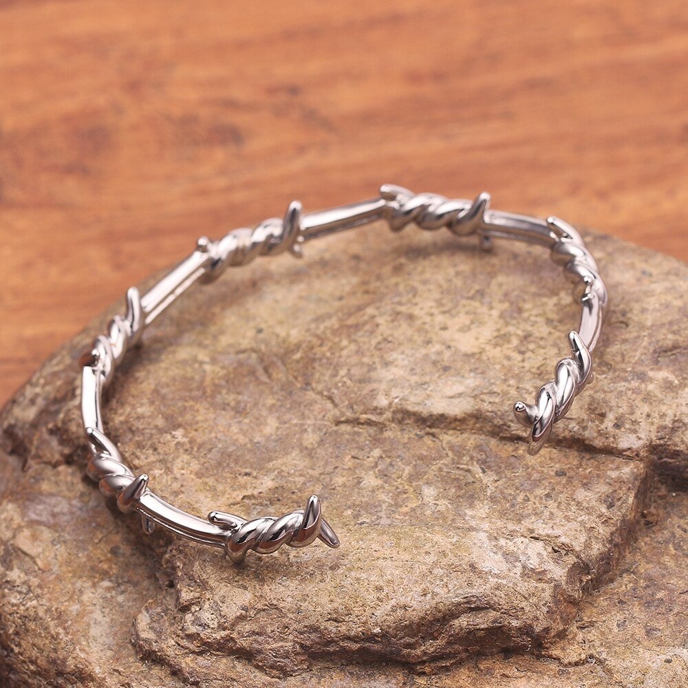 Barbed Wire Open Cuff Bracelet - Chrome Cult